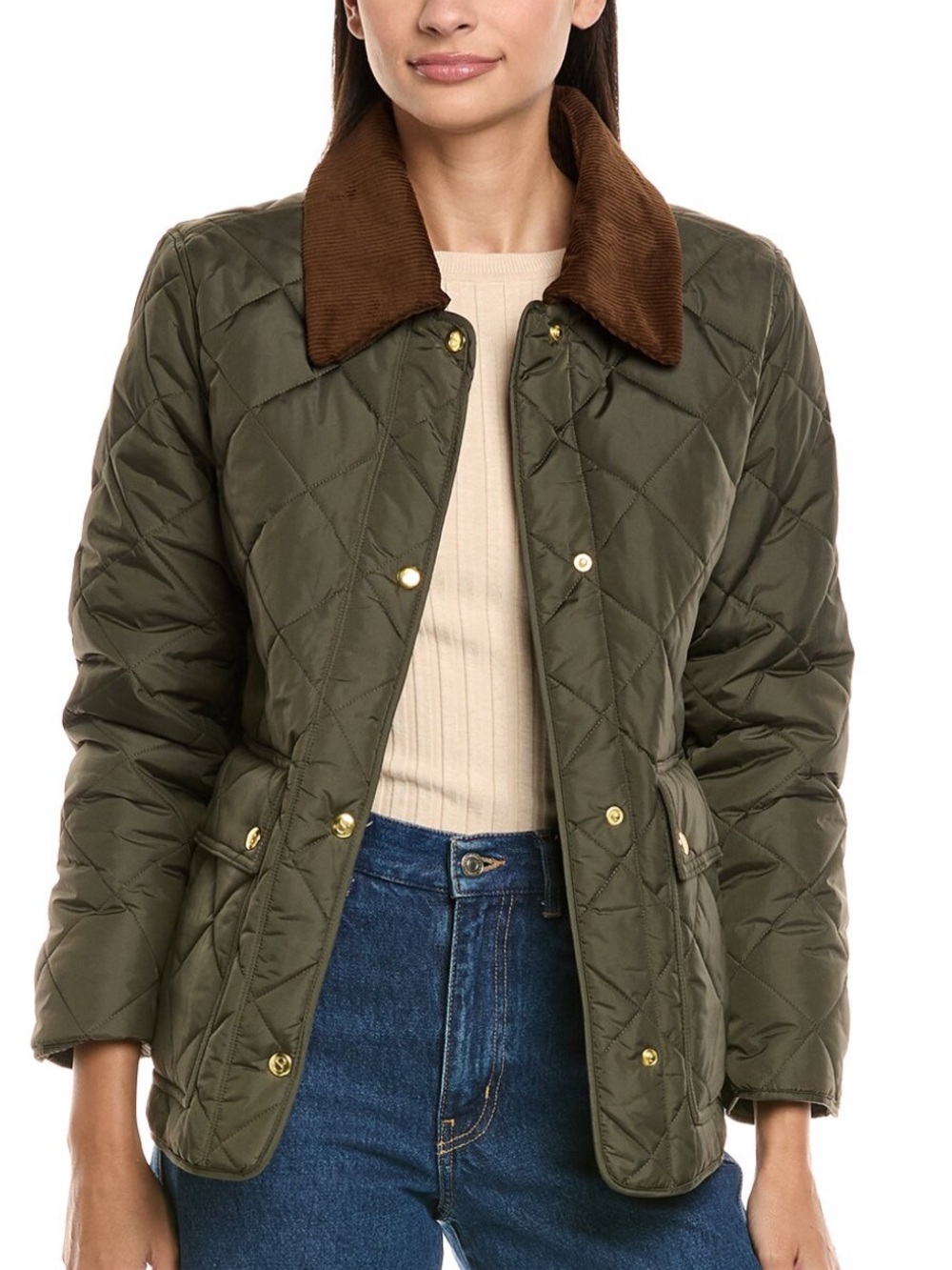 Quilted Olive Green Puffer Jacket with Brown Contrast Collar